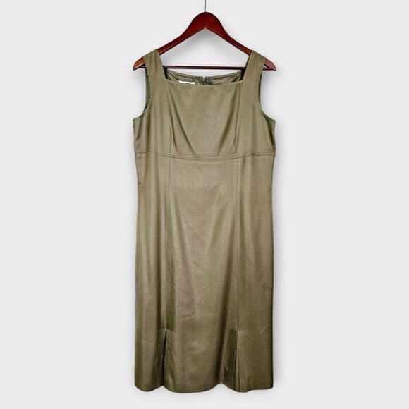 Vintage Talbots 100% Silk Olive Green Sleeveless Pleated Hem Sheath Dress 10 - Picture 2 of 10